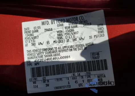 2006 Mercury Mountaineer Convenience из США, поврежденный, VIN 4M2EU46E46UJ00991